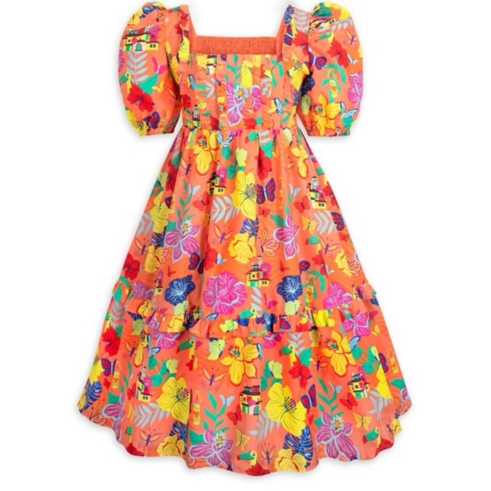 Disney Bright Orange Floral & Butterfly Midi Dress with Puff Sleeves